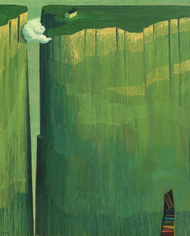 Acrylic painting by Niu Yuhe, depicting a stairway ascending into clouds in Yamaguchi, characterized by a surreal composition and vertical movement, in soft and misty tones