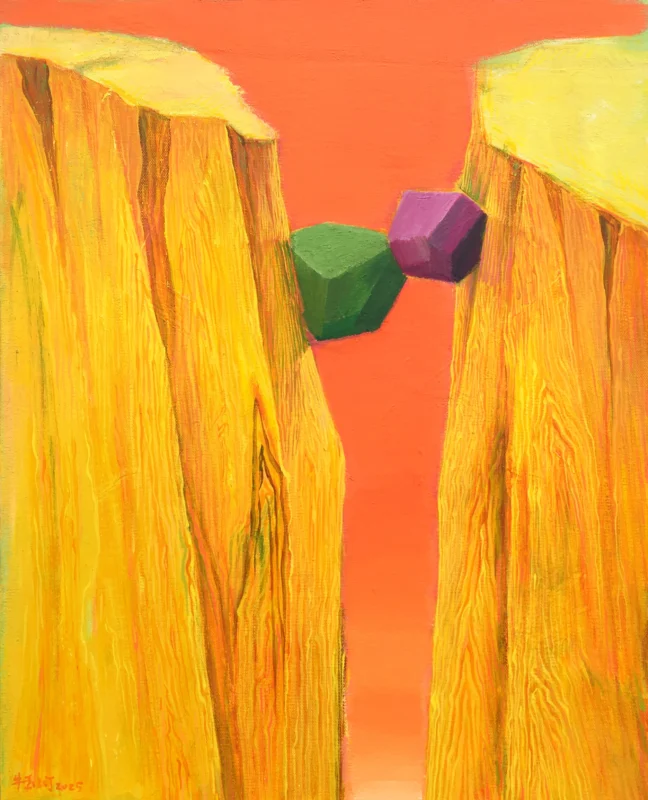 Acrylic painting by Niu Yuhe, depicting a dense urban landscape in Yamaguchi, characterized by overlapping buildings and dynamic composition, in complex and layered colors