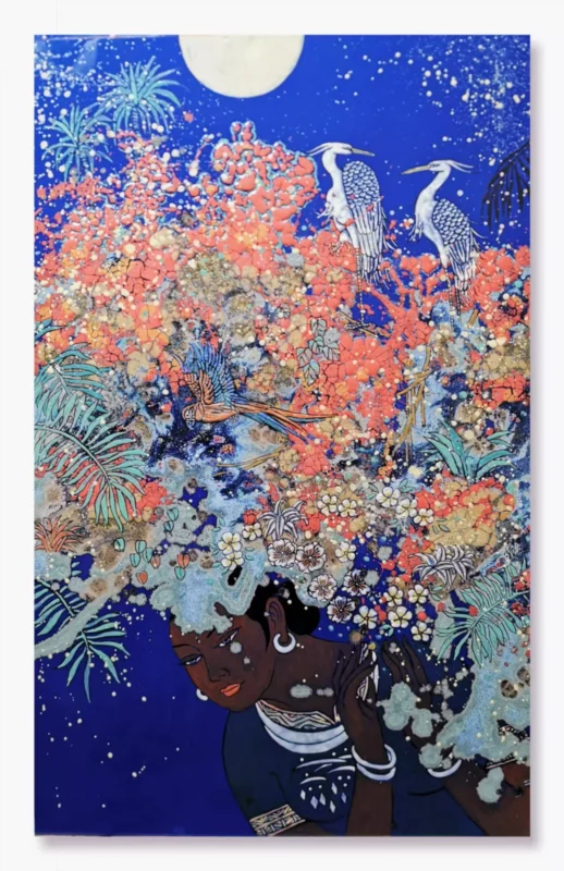 謝強《海南の詩情 No.4》陶板作品、赤と青のコントラストが際立つ南国イメージ、象徴的な自然形態と詩的空間構成