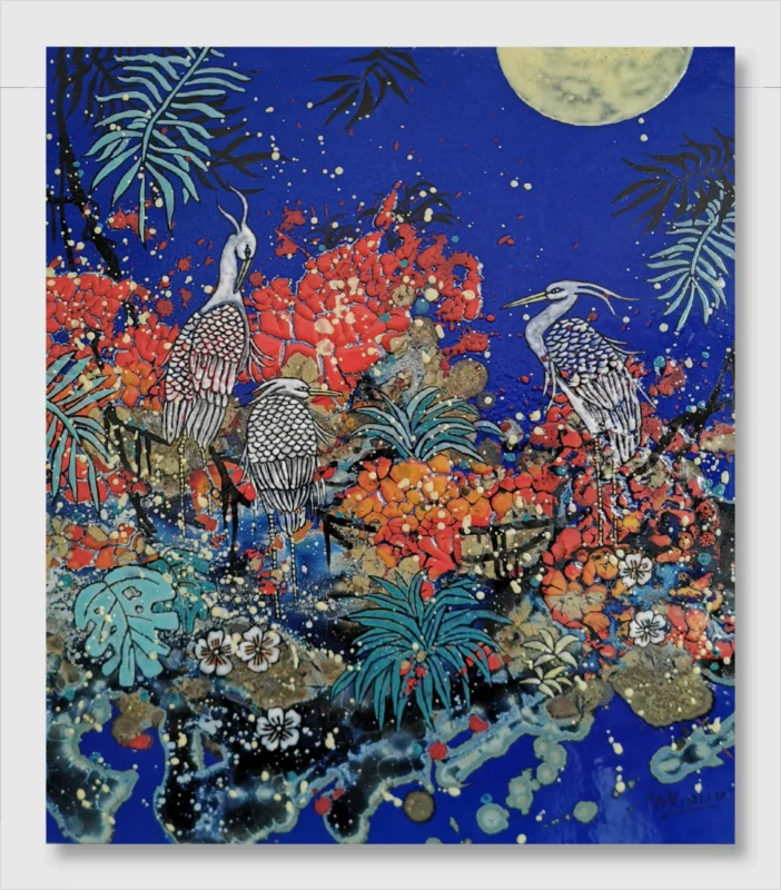 Xie Qiang, Hainan Reverie No.1, ceramic panel painting, richly colored tropical landscape with cranes, coral-like forms and moonlit blue background, primitive and poetic atmosphere