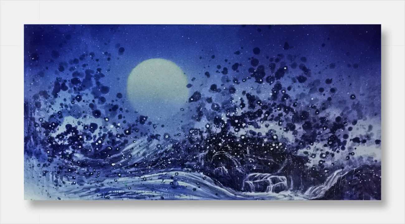 Xie Qiang, Hainan Reverie No.2, ceramic panel painting, richly colored tropical landscape with cranes, coral-like forms and moonlit blue background, primitive and poetic atmosphere