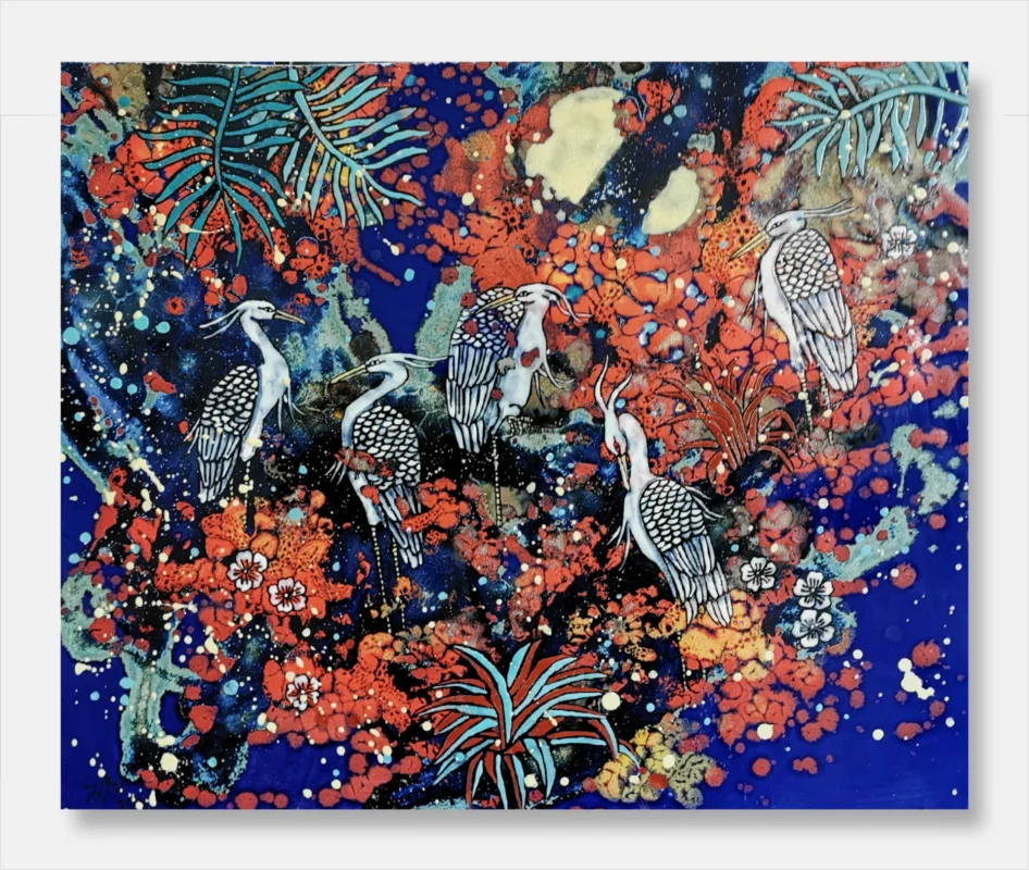 Xie Qiang, Hainan Reverie No.3, decorative ceramic art, dense color composition with botanical and avian elements, expressive brushwork and atmospheric depth