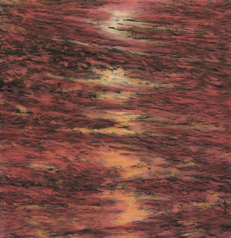 Abstract ink painting of a water surface in crimson tones, where reflected light forms a vertical perceptual flow through layered ink and color.