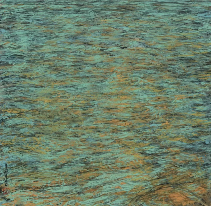 Abstract ink painting of a turquoise water surface, where soft drifting movements dissolve landscape into a continuous perceptual layer.