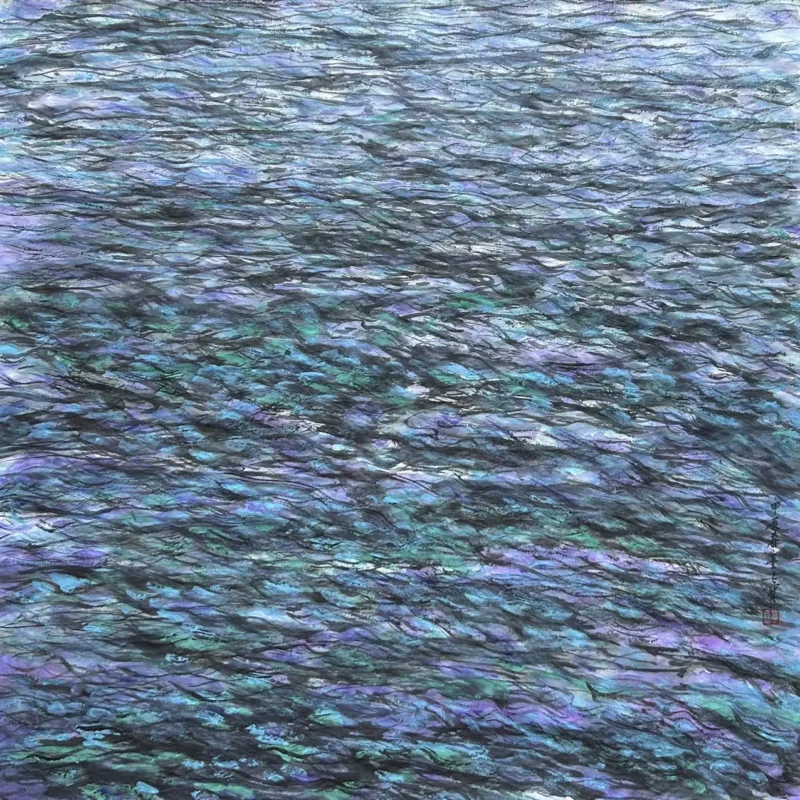 Abstract ink painting of a violet-blue water surface, where rhythmic currents of ink and color create a dynamic perceptual surface.