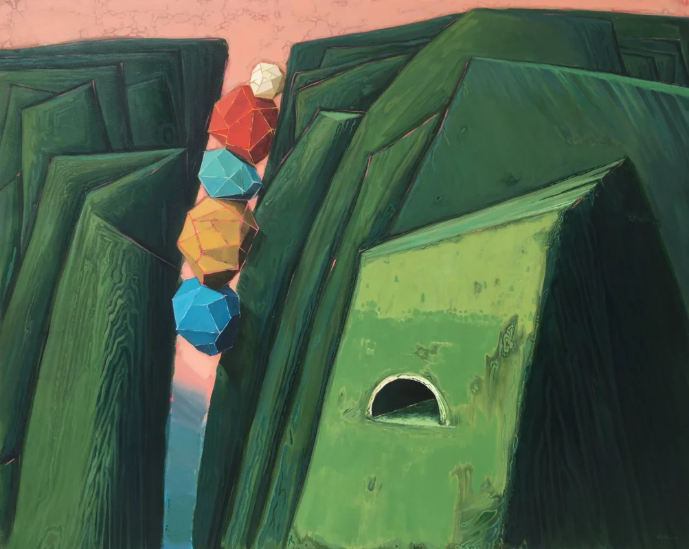 Acrylic painting by Niu Yuhe, depicting a mountainous landscape in Yamaguchi, characterized by layered hills and a calm atmospheric composition, in muted natural tones