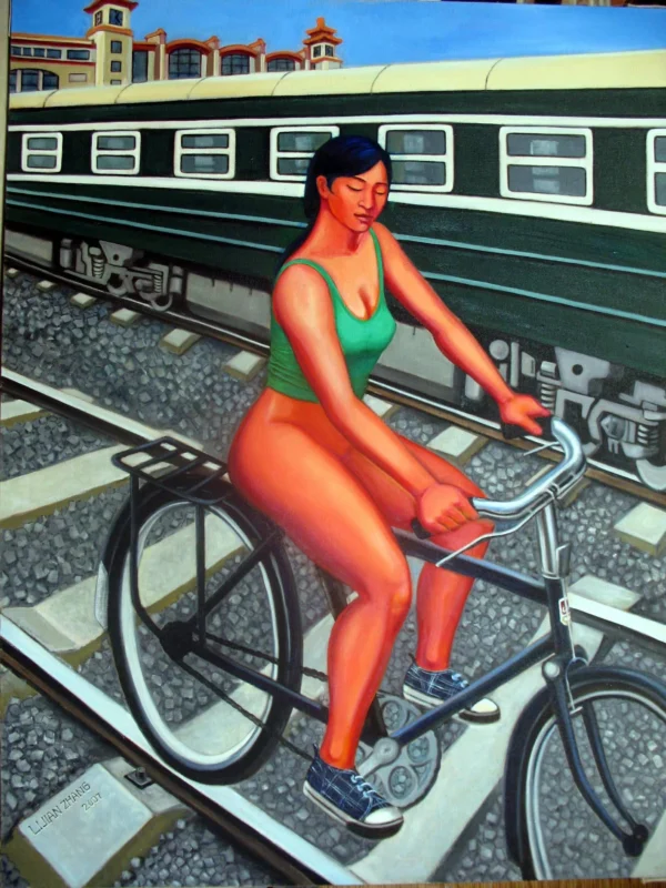 Station, 2007, oil on canvas, 142 × 155 cm, by Chinese contemporary artist Li Jianzhang, figurative scene exploring urban space and social atmosphere