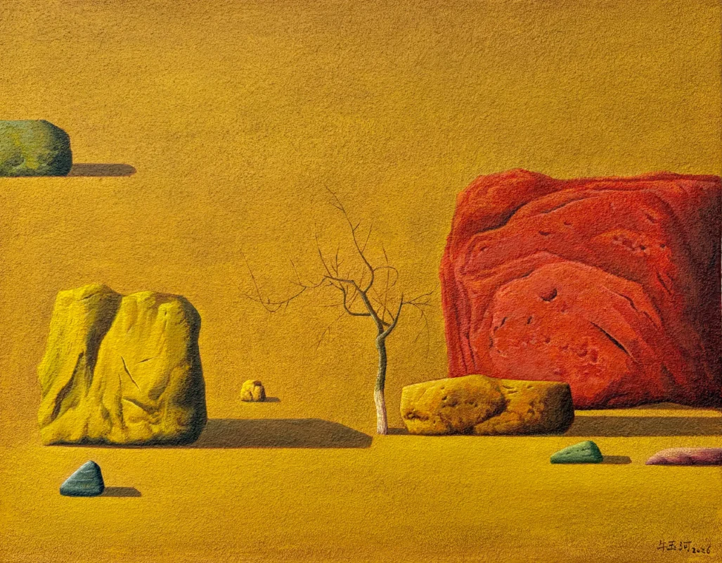 Acrylic painting by Niu Yuhe, depicting a stone and a tree in a natural setting, characterized by a balanced composition and quiet tension between organic and solid forms, in muted earthy tones