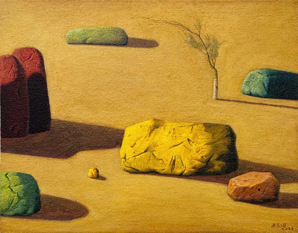 Acrylic painting by Niu Yuhe, depicting a stone and a tree in a natural landscape, characterized by subtle spatial contrast and a contemplative atmosphere, in restrained natural colors
