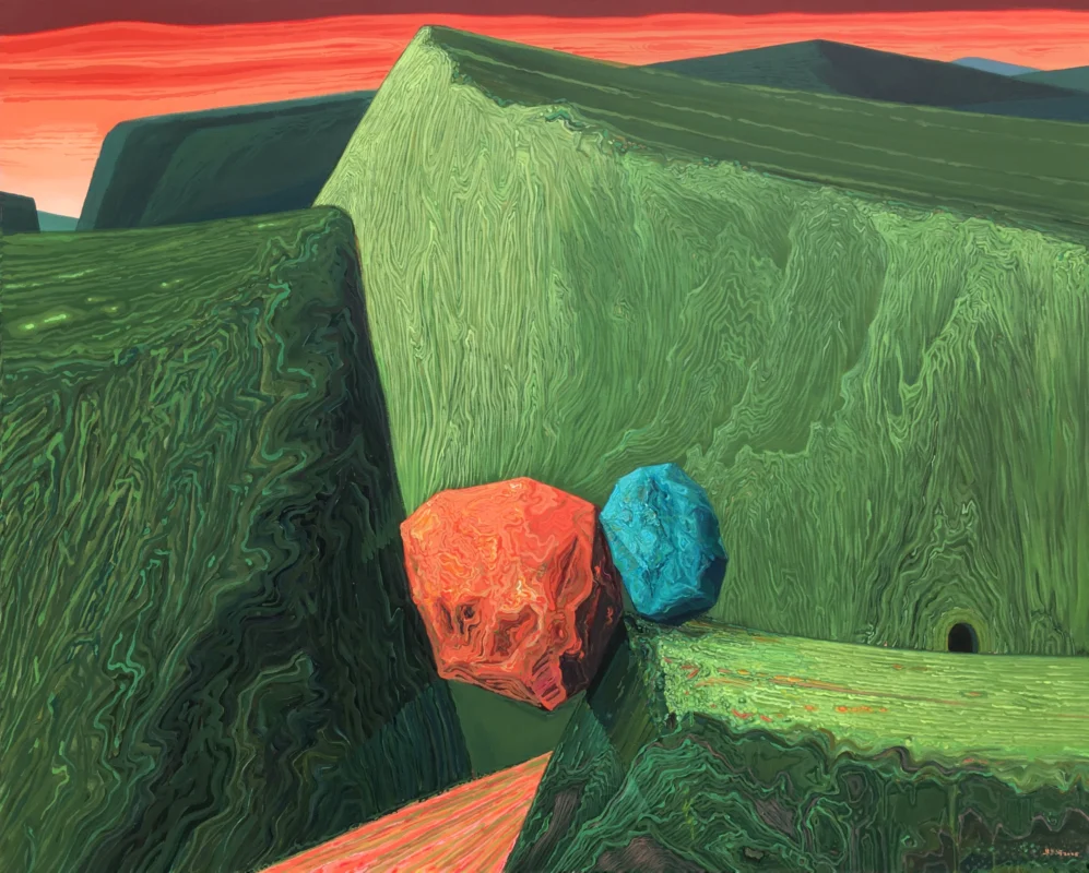 Acrylic painting by Niu Yuhe, depicting ancient ruins in Yamaguchi, characterized by fragmented structures and textured surfaces, in earthy and subdued colors