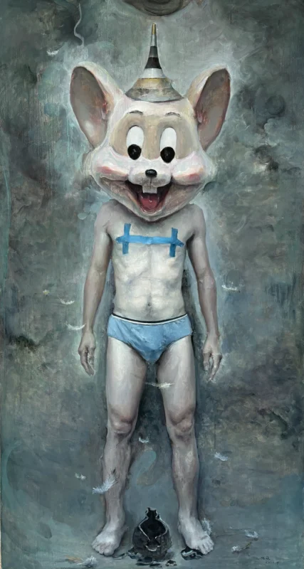 Shen Xuan Zhengming Tower I oil painting anthropomorphic mouse-like figure contemporary Chinese art