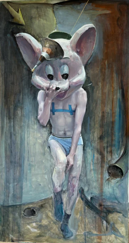 Shen Xuan Zhengming Tower II oil on canvas surreal mouse-like character symbolic contemporary painting