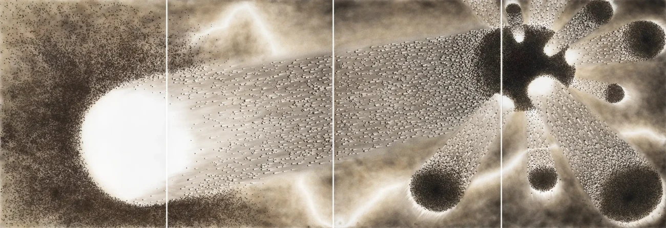 Light-of-Origin-by-Ma-Yongqiang-Mixed-media-with-sand&-ceramic-granules-on-canvas,300×800cm-2019