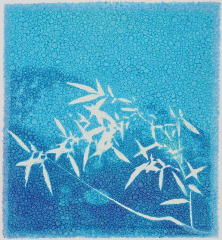 Abstract color ink painting with dense blue cellular patterns and bamboo-like forms emerging from layered textures