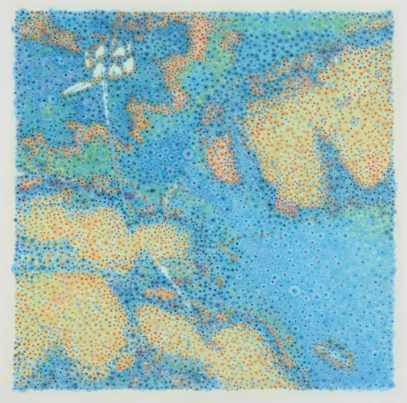 Large-scale abstract ink painting with blue and yellow cellular patterns forming a map-like global structure with a contrasting white form