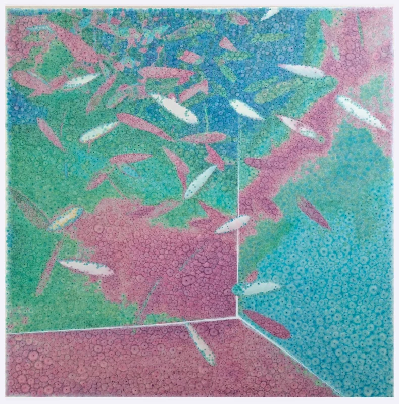 Abstract ink painting with repeating fish-like forms arranged in a collective pattern over a cellular textured background