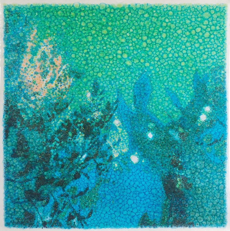 Abstract ink painting with fluid blue-green gradients and dense cellular textures forming an organic visual field.