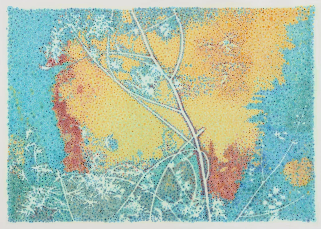 Color ink painting featuring yellow and blue fields with linear plant-like structures overlaid on cellular textures