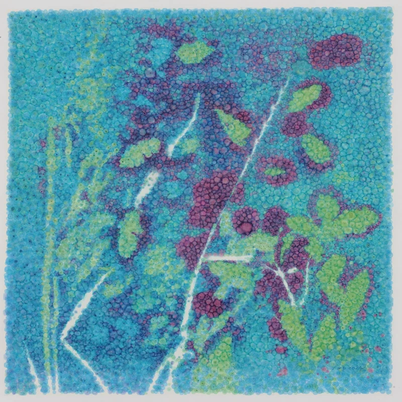 Abstract composition with purple and blue organic shapes emerging from dense cellular patterns in color ink