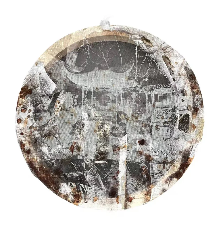 ALT（EN） Chen Yafeng, Thin West Wind No.1, circular mixed media artwork with layered gauze and fragmented landscape imagery, semi-transparent composition with trees and architectural traces, muted monochrome tones