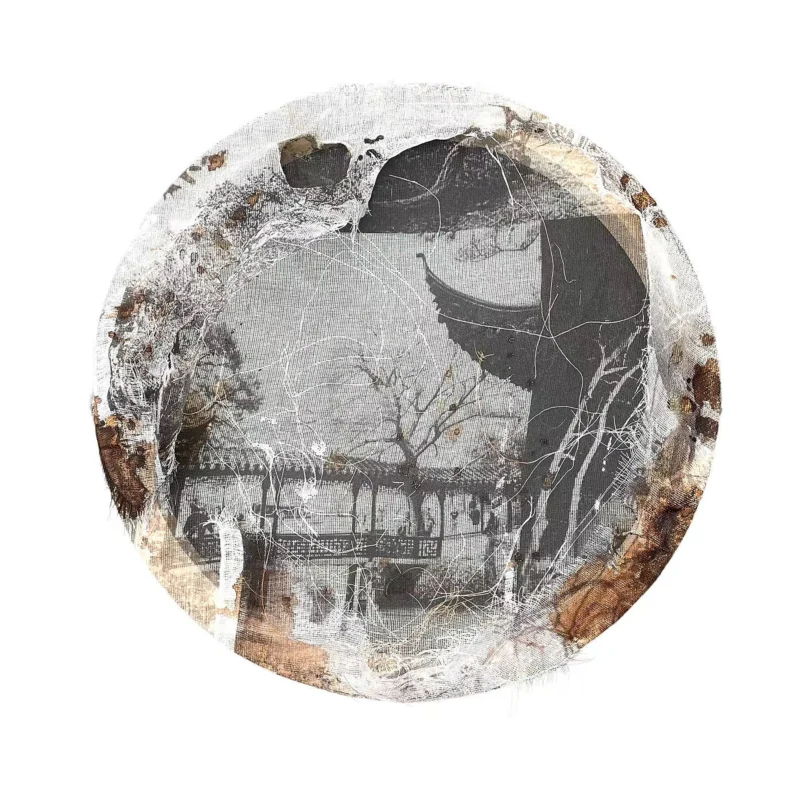 Chen Yafeng, Thin West Wind No.2, reconstructed architectural landscape with layered gauze, grayscale textures and fragmented pavilion structure, abstract spatial composition