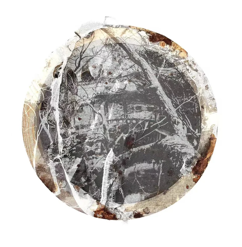 Chen Yafeng, Thin West Wind No.3, abstract circular landscape with distressed textures, layered imagery and faded tonal transitions, evokes decay and memory
