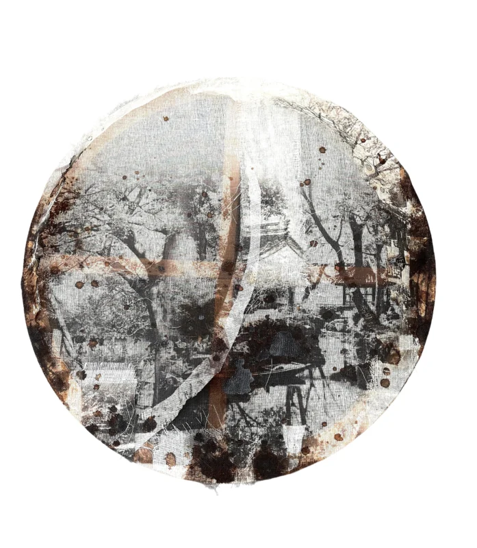 Chen Yafeng, Thin West Wind No.4, mixed media circular composition with dense layered gauze and complex visual fragments, abstract interior-like spatial field