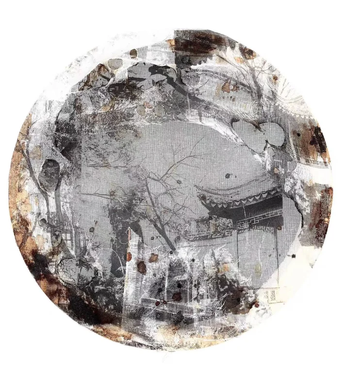 Chen Yafeng, Thin West Wind No.7, high-contrast circular artwork with dynamic layered textures, tree branches and architectural fragments in motion-like composition