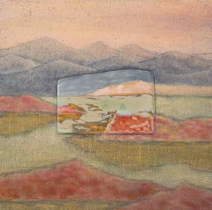 rectangular ceramic fragment in pastel landscape field, layered fabric texture, soft atmospheric tones パステル調の風景の中に長方形の陶片、布の層構造、柔らかな色調