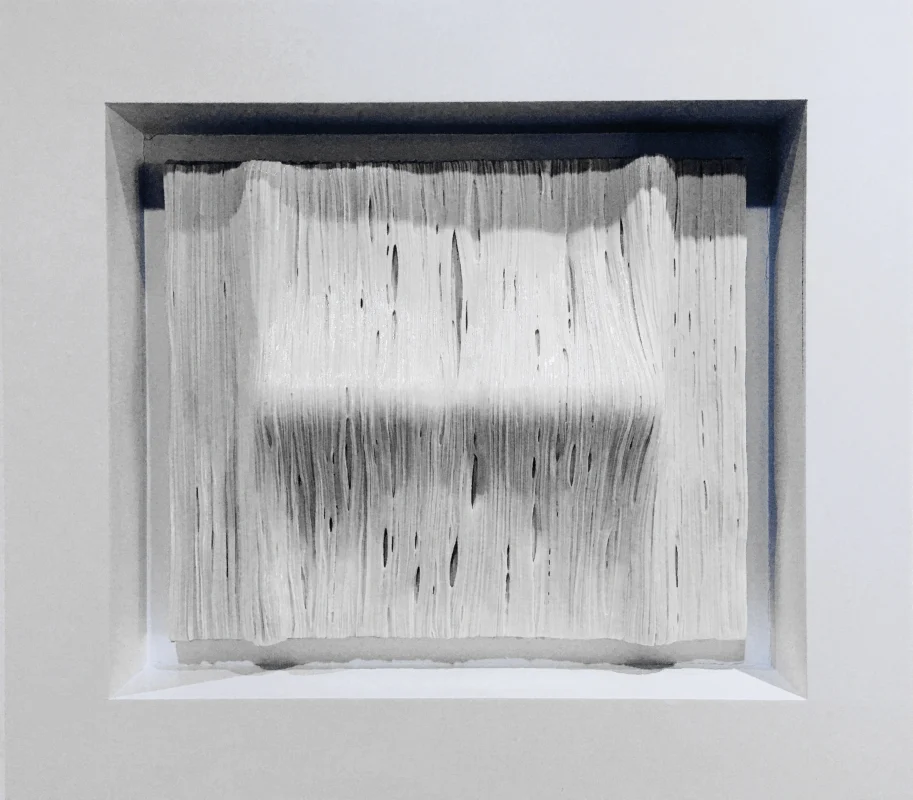 Zhu Qing, Reconstruction No.11, mixed media relief, 2020, white surface with vertical compression and central horizontal protrusion creating structural tension