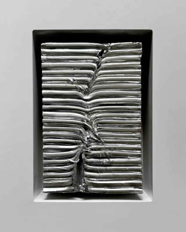 Zhu Qing, Reconstruction No.37, mixed media relief, repetitive horizontal compression forming a rib-like modular structure, emphasizing rhythm and pressure