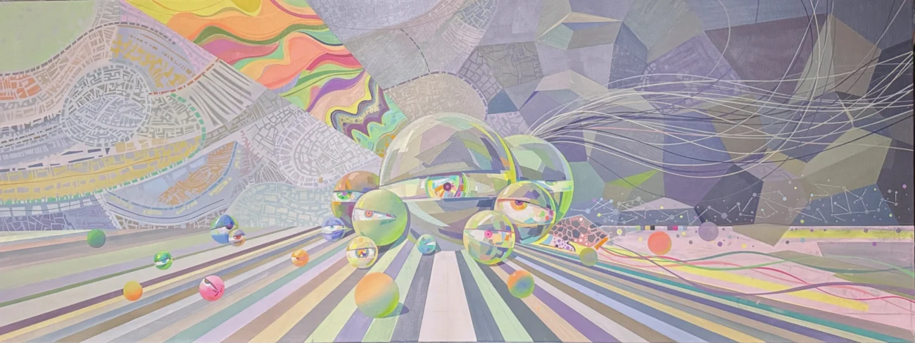 A colorful surreal passage extending toward a distant portal, populated with floating spheres and layered geometric landscapes.