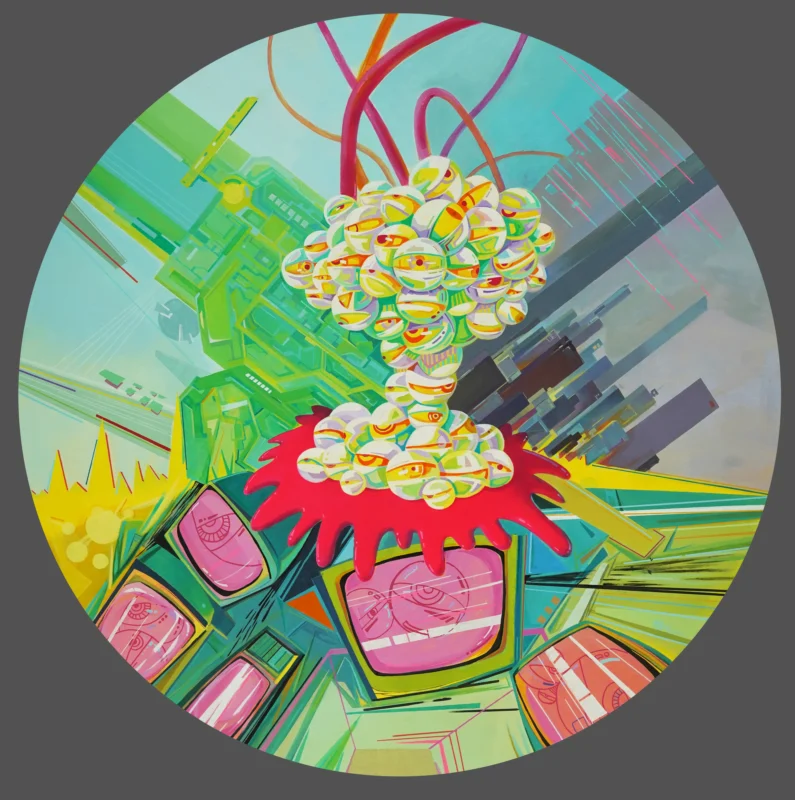A circular composition depicting a humanoid figure made of multiple eyes standing within a futuristic urban environment.