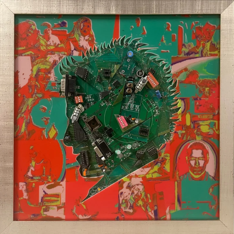 A human profile constructed from circuit boards and electronic components, symbolizing media influence and information control.