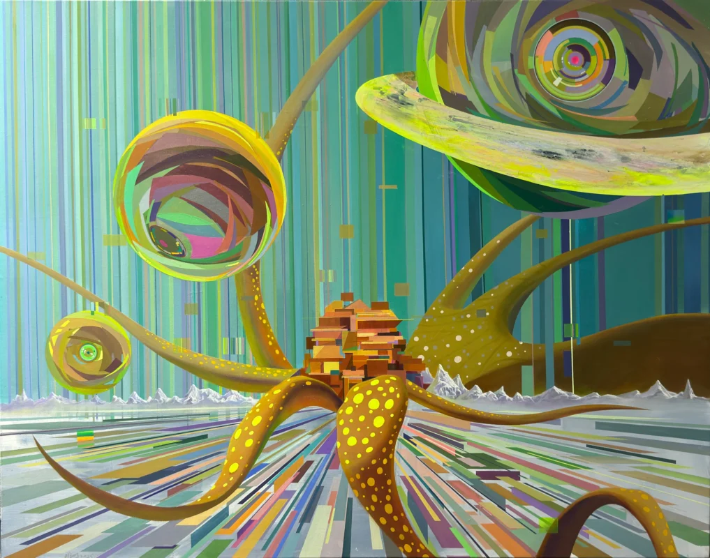 A surreal composition featuring floating planets, tentacle-like forms, and an architectural structure set within a cosmic landscape.