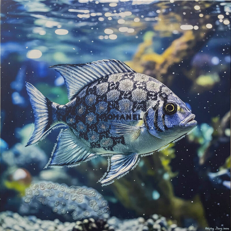 A hybrid marine creature merged with luxury-brand patterns, reflecting consumer culture’s impact on nature.