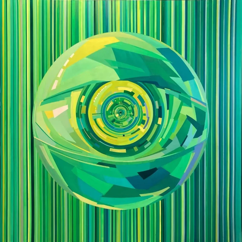 A large green spherical structure resembling an eye, lens, or surveillance device floating against a field of vertical green lines.