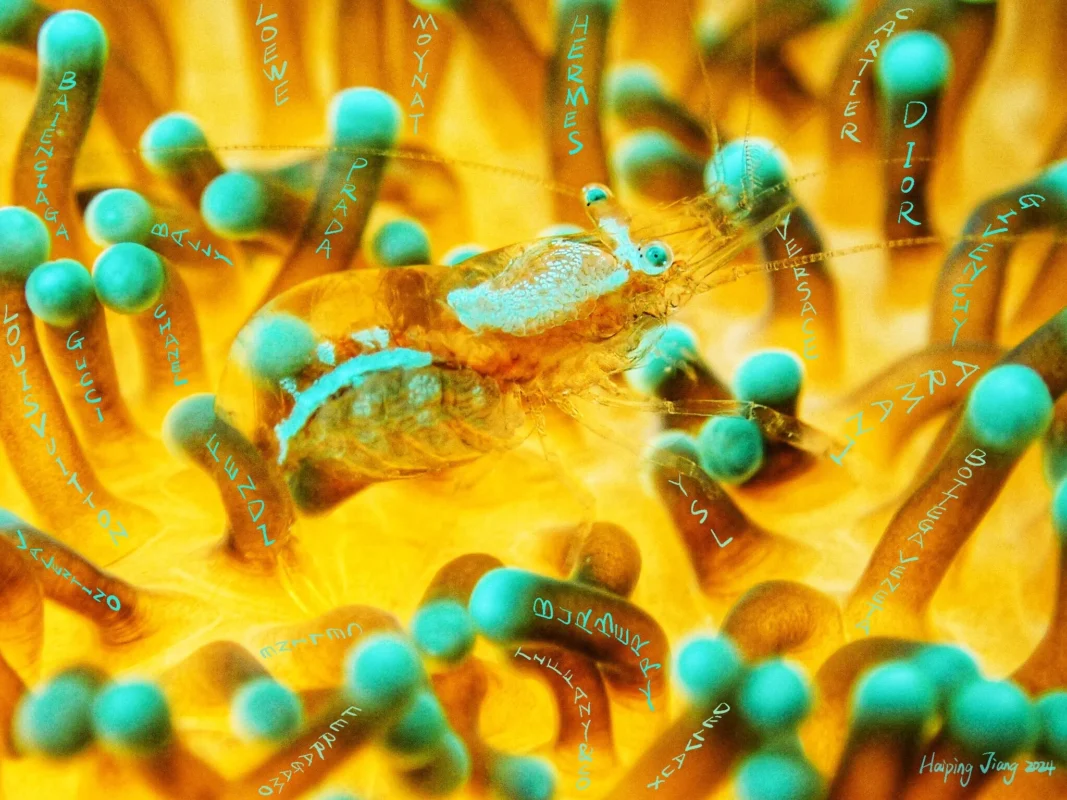 A fluorescent marine creature surrounded by industrial waste, symbolizing ecological destruction caused by human activity.