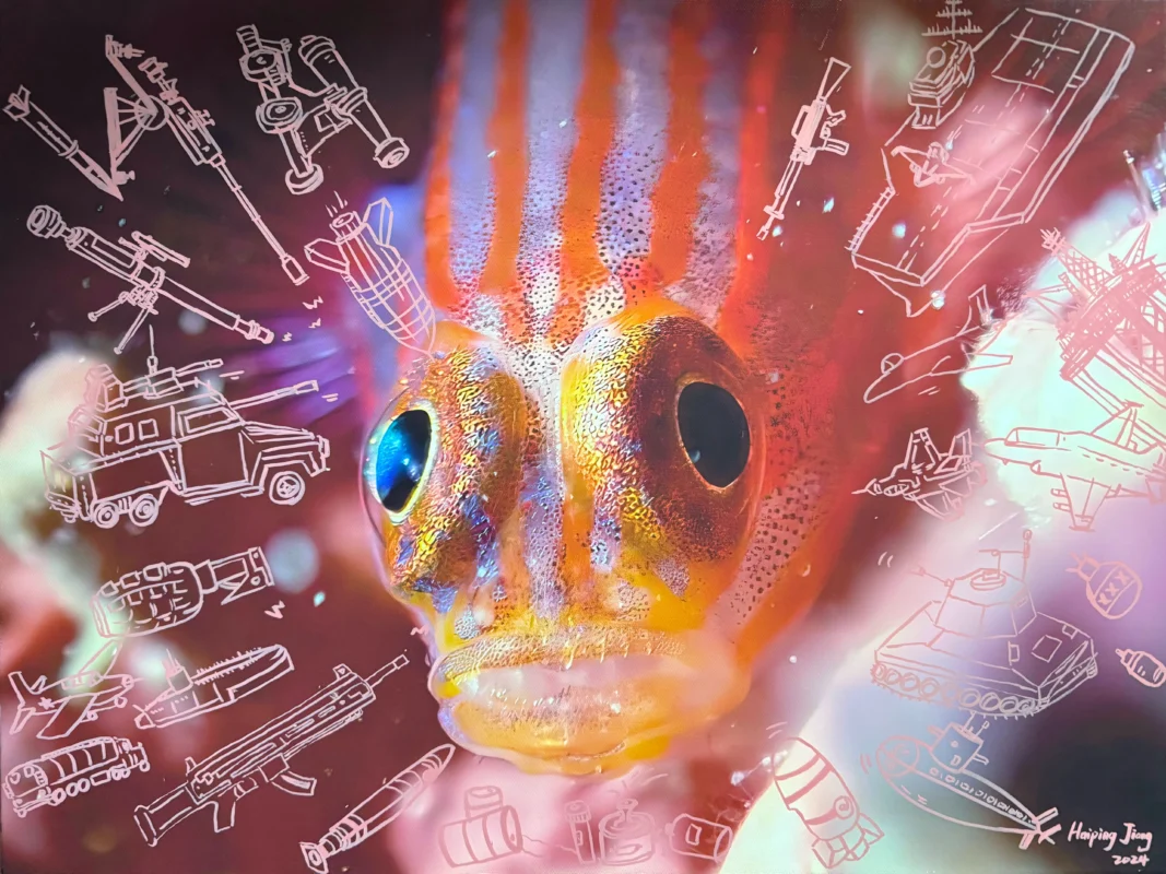 A distorted fish form engulfed by artificial objects, portraying the consequences of unchecked human expansion.