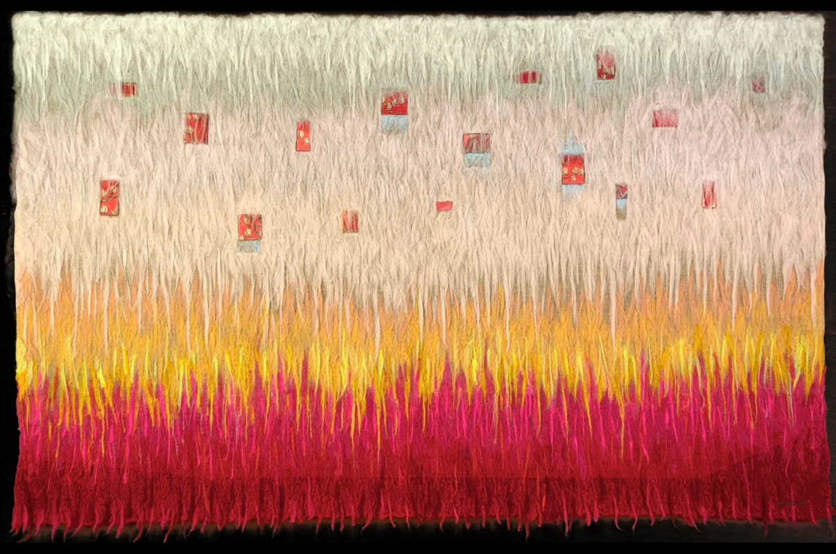 Abstract mixed-media artwork composed of layered organic forms in white, pink, orange, green, and yellow, arranged in a rainbow-like sequence.