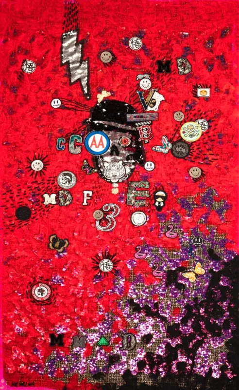 Mixed-media artwork featuring a vibrant red background filled with symbols, letters, numbers, cartoon-like figures, lightning motifs, and layered visual fragments.