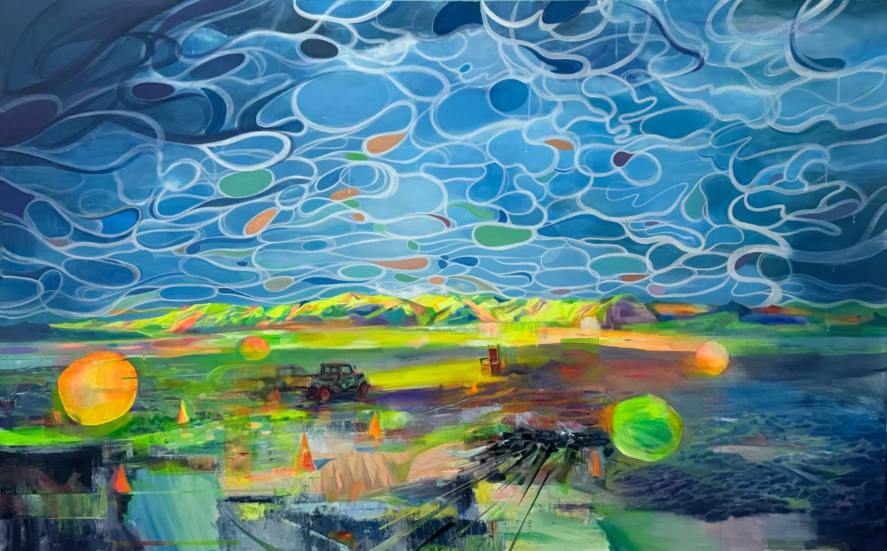 A luminous landscape of water and sky filled with swirling patterns, floating spheres, and radiant neon-like colors.