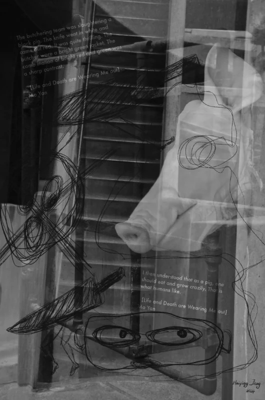 A surreal pig-headed figure trapped within the historical space of a former slaughterhouse, evoking destiny and social hierarchy.