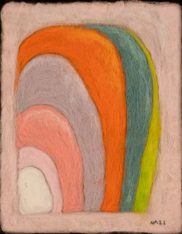 Large-scale mixed-media work composed of dense vertical linear textures, small red geometric elements, and layered bands of white, yellow, orange, and magenta.v