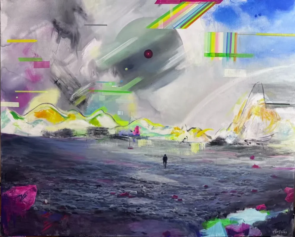 A surreal landscape featuring a vast shoreline beneath a distorted sky, with digital glitches, floating signals, and a solitary figure facing an unknown horizon.