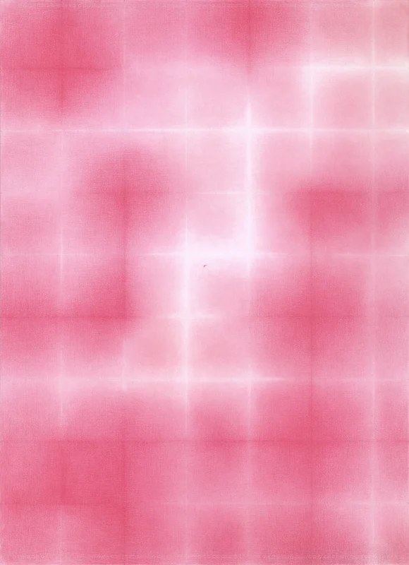 A pencil-drawn grid composition with luminous violet and blue tones emerging from a structured field of intersecting lines on paper.