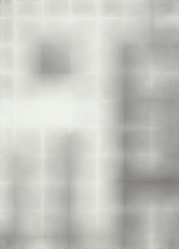A geometric grid drawing featuring warm pink and rose-colored luminosity distributed across a carefully ordered surface.