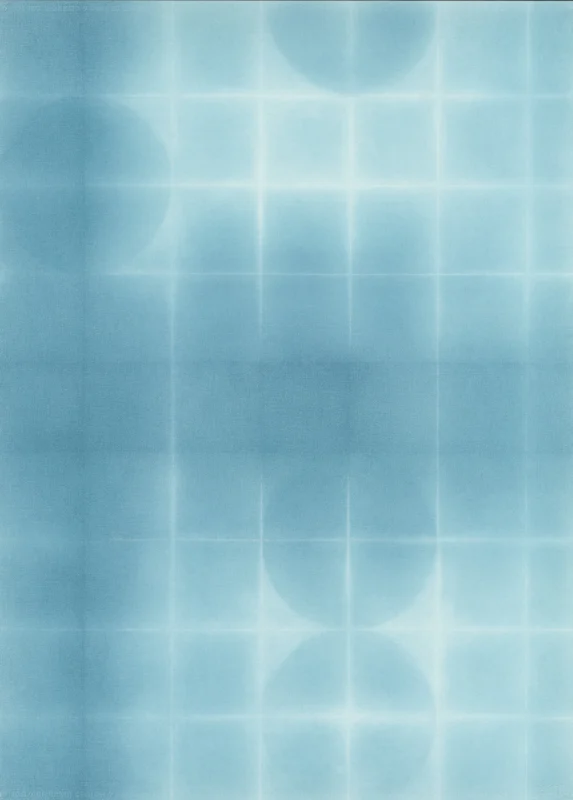 A pencil grid composition infused with cool blue tones and soft transitions of light across the paper surface.