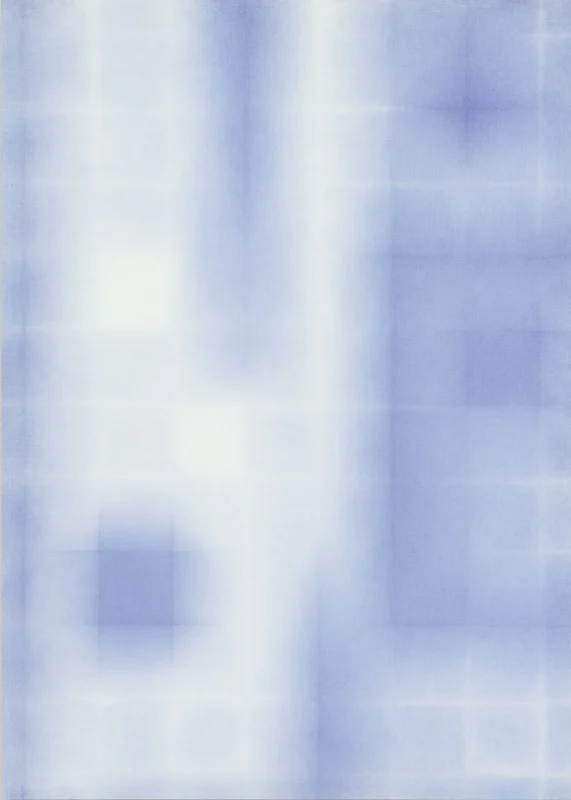 A green-toned grid drawing composed of layered pencil marks and luminous color transitions on paper.