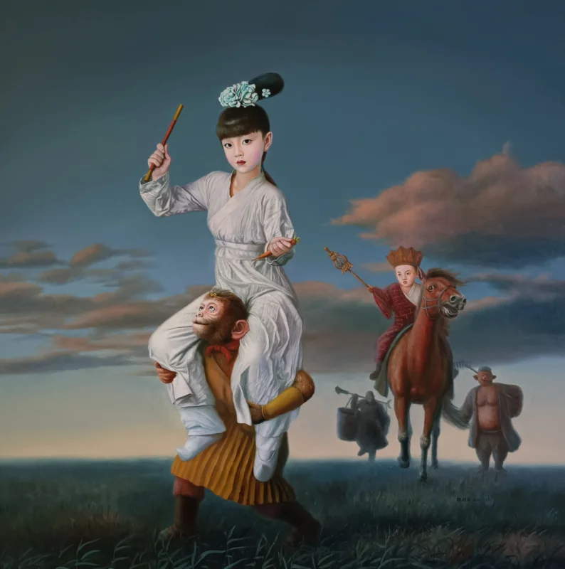 A young girl sits on the shoulders of a walking figure while another rider on horseback follows behind in an open landscape. Oil on canvas.